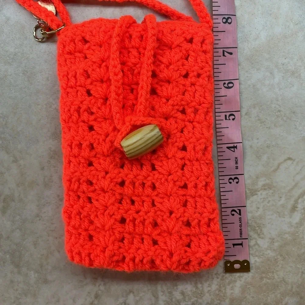 Crochet Bag Crossbody Shoulder Stretch Phone Purse Case Orange Small Handmade